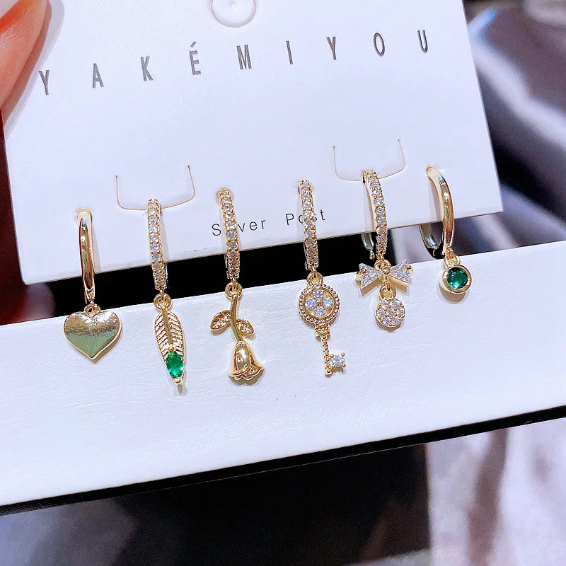

Fashion 6 Piece Set Cute Green Zircon Hanging Earrings Korean Jewelry Set Earrigns For Women Jewelry Gift
