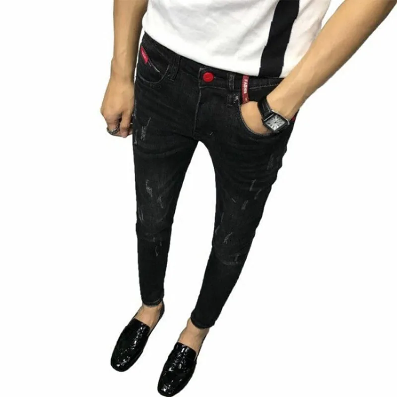 

Wholesale 2021 Fashion Social jeans men's feet tight-fitting holes social guy pants ankle length pants men's beggar pencil pants