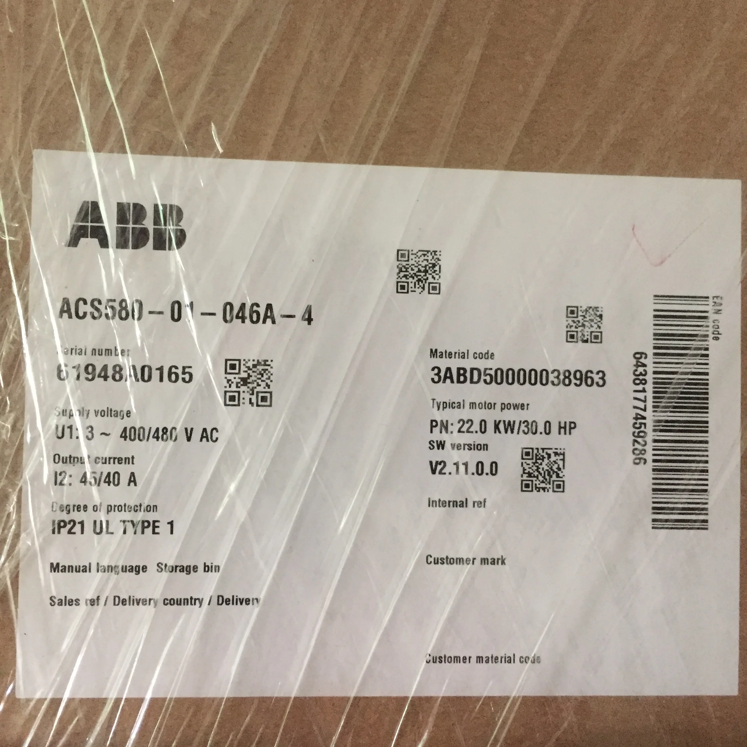 

Inverter ACS580-01-046A-4 Heavy load 22k three-phase 380v Brand new original