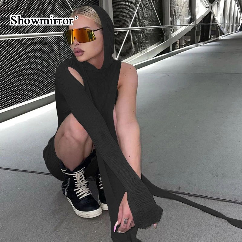 ShowmirrorSexy трикотажное платье миди прозрачные X-Long толстовки Топы осенняя одежда с