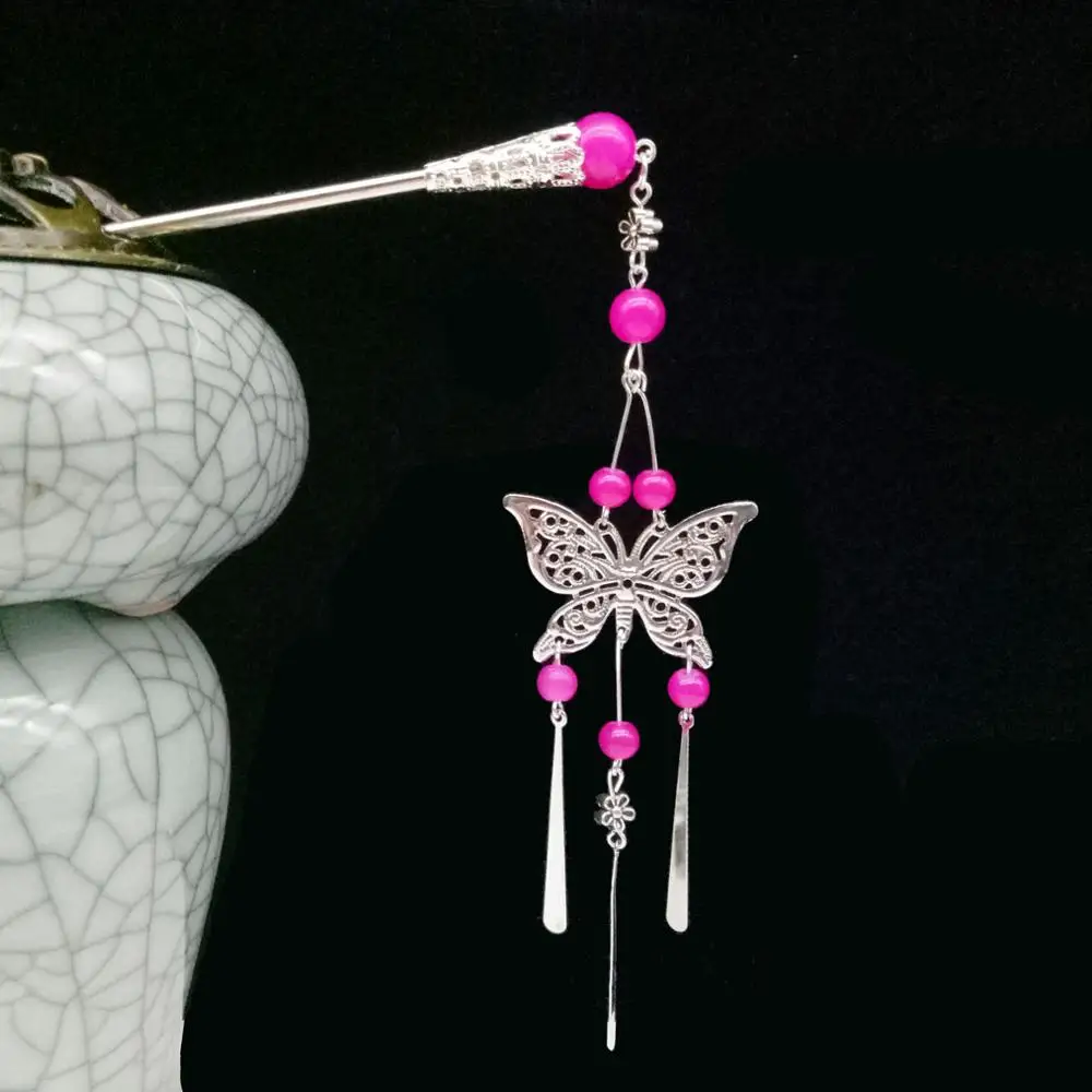 Style2 Fushia Винтажные Серебряные Китайские Этнические палочки для волос с бабочкой и подвеской в виде цветка для женщин, свадебные украшения для волос, аксессуары для свадебной вечеринки - Окраска металла: Style2 Fushia