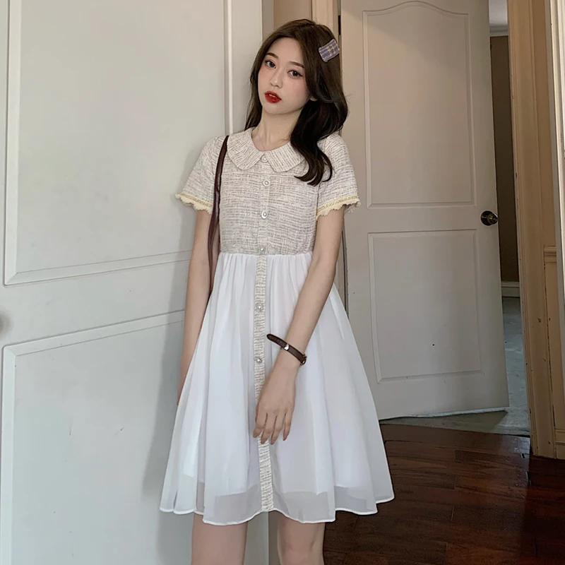 

French Vintage Bellflower Temperament Ladies Doll Collar Lapel Splicing Chiffon One Piece Dress Women Korean Summer Clothing