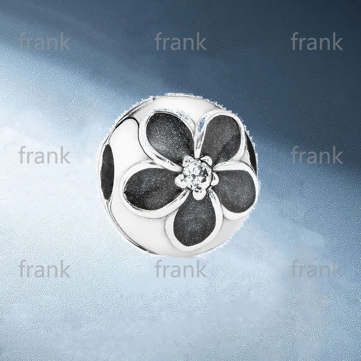 

791408CZ Floral silver clip with cubic zirconia and black enamel