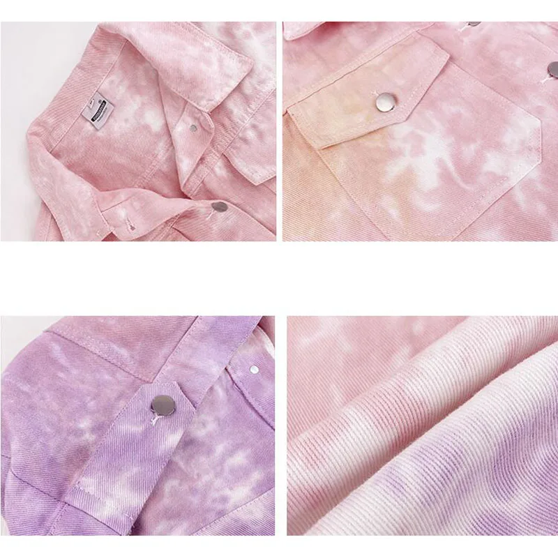 

Denim Jacket Women Spring Autumn Streetwear Fashion Pocket Long Sleeve Jeans Jacket Ladies Loose Tie-dye Bear Coats