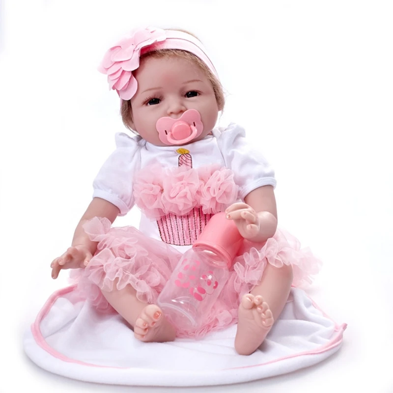 

Dropshipping 22inch Silicone Real Baby Girl Lifelike Educational Interactive Doll Body Silicone Vinyl Doll Soft Body Pink Dress