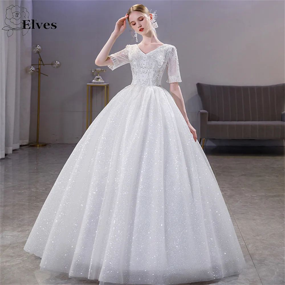 

New White Ball Gown Lace Wedding Dresses 2022 Flare Sleeve Bridal Robes Sequined Wedding Gowns Bride Dress Vestidos De Novia