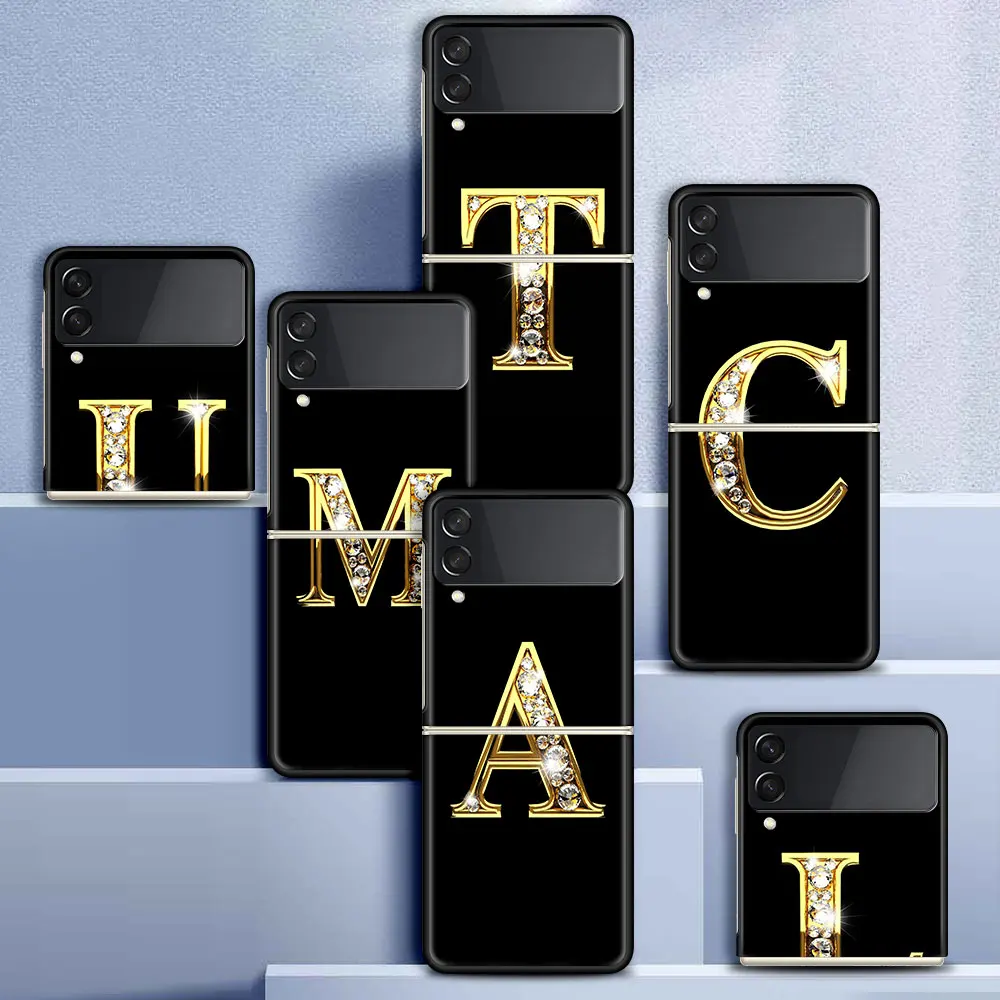 

Case For Samsung Galaxy Z Flip 3 5G Black Hard PC Phone Housing Z flip3 Luxury Segmented Cover Letter Alphabet