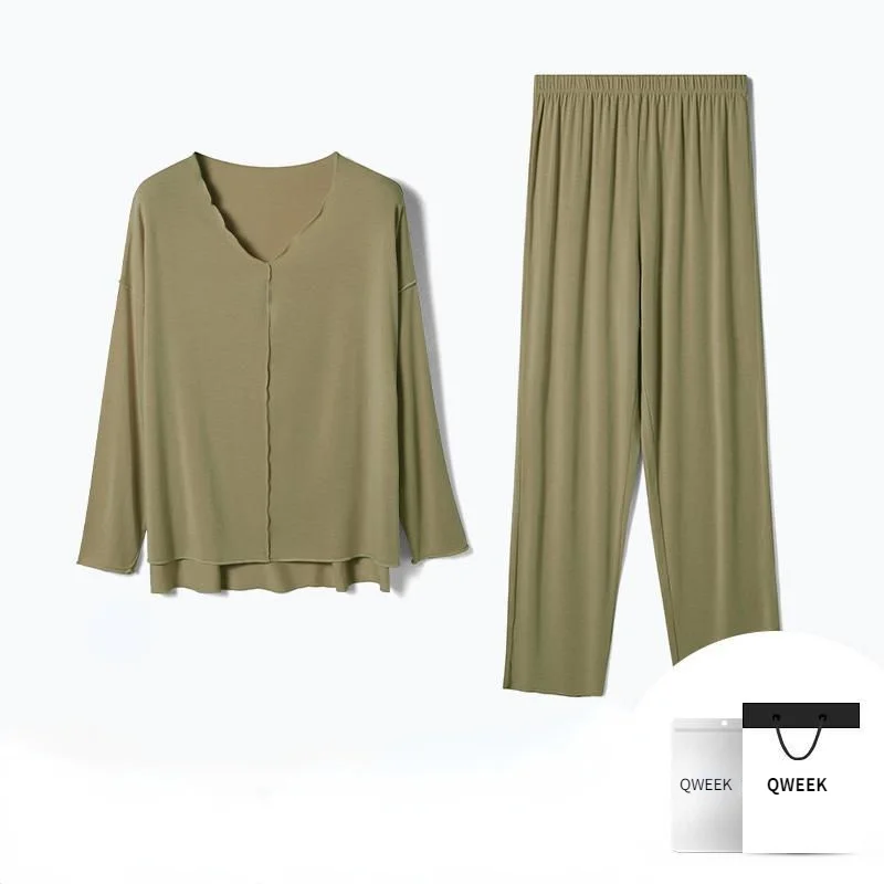 

QWEEK Cotton Pajamas for Women Solid Color Long Sleeve Trousers Pijamas Soft and Warm Female Home Clothes Sleepwear Autumn Cute