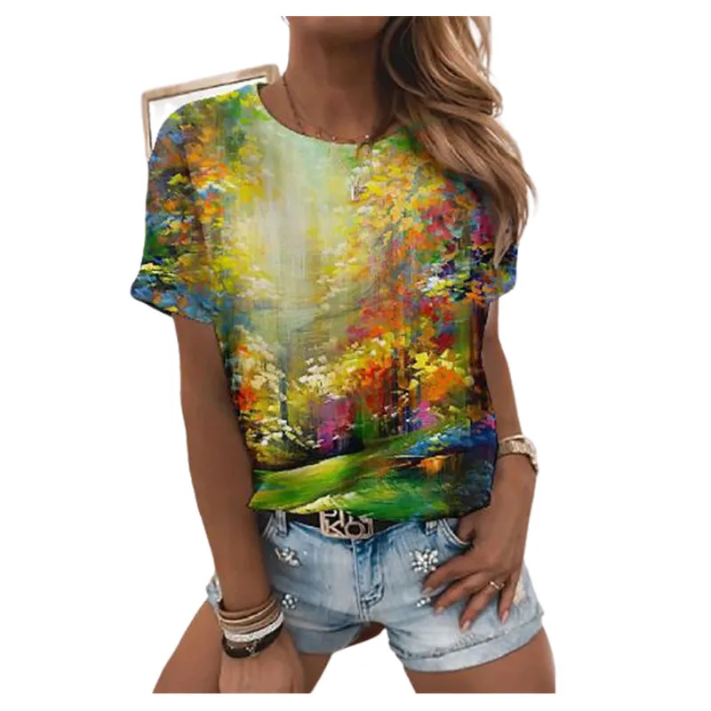

Women Clothes 2021 New Summer Loose Ladies Pullovers Tops Plus Size Women Casual 3D Natural Scenery Print T Shirt Street hipster