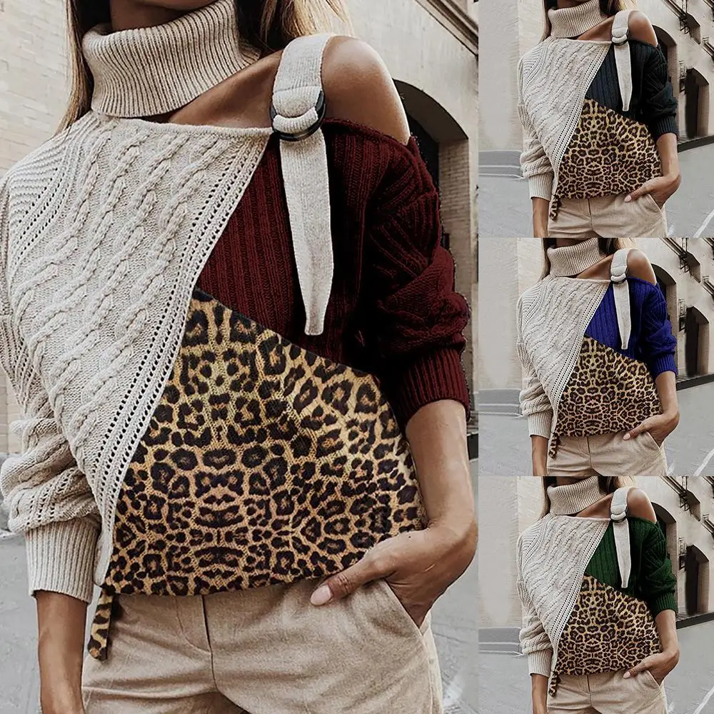 Leopard Patchwork Turtleneck Sweater Women Sexy Off Shoulder Knitted Batwing Long Sleeve Strapless Pullover Tops | Женская одежда