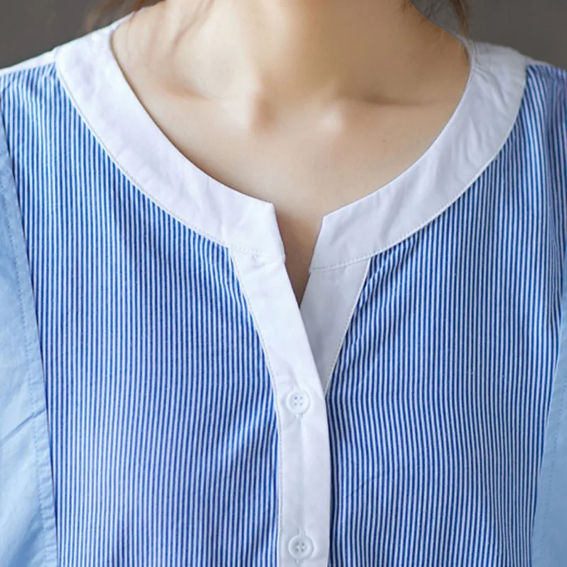 

Women Cotton Casual Shirts New Arrival 2021 Summer Simple Style O-neck Patchwork Color Loose Female Short Sleeve Tops S3078