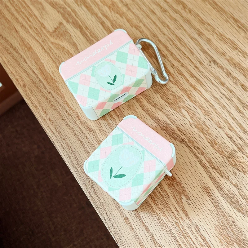 Cute Flower Rhombus pattern Earphone Case For Apple Airpods 3 2 1 Pro Cover Fashion Faux Leather Silicone Headphone Cases Box images - 6