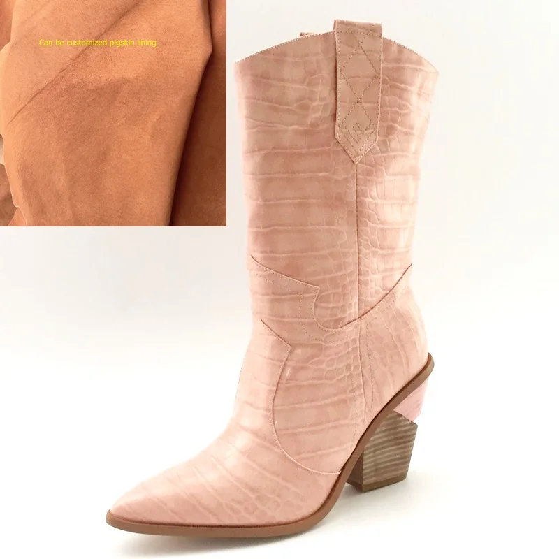 pink in pigskin Модные женские ботильоны из тисненой микрофибры; ковбойские ботинки с острым носком в западном стиле; женские ботинки до середины икры на массивной танкетке; Подиумные - Цвет: pink in pigskin