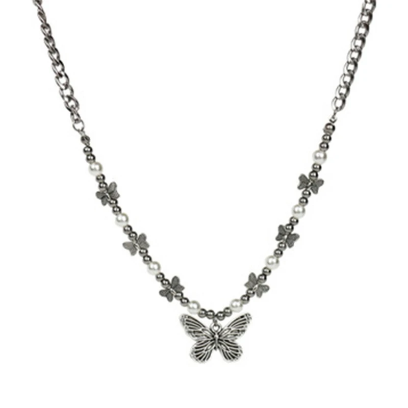 

2021 New Gothic Butterfly Pendant Necklace for Women Choker Aesthetic Hippop Pearl Chain