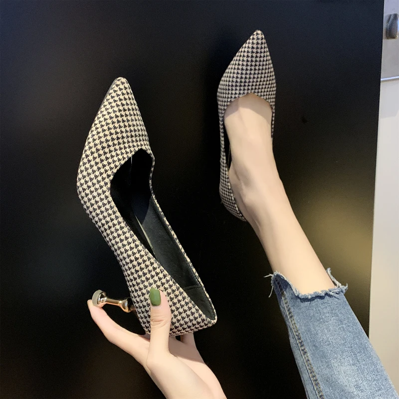 

Woman High Heels Checkered Spring Sexy Pumps Female Thin Heel Shoes Gradient Slip On Fashion Party Wedding Shoes Ladies W32-55