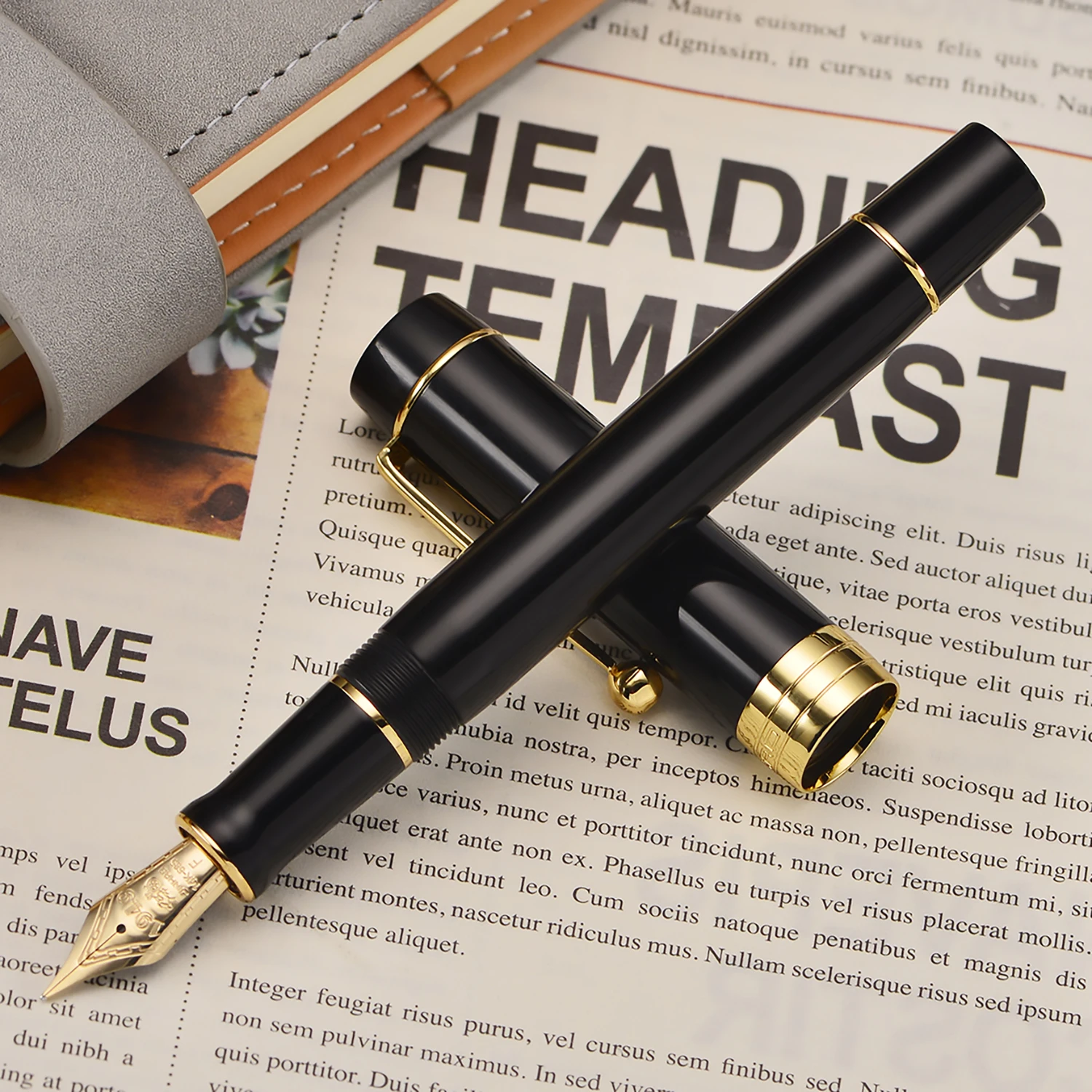 Jinhao 100 14K Gold Resin Fountain Pen Black Fine Nib 0.5mm with Golden Clip Converter Writing Business Office Gift Ink Pen