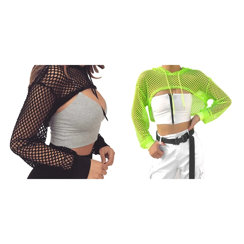 

2Pcs Long Sleeve T Shirt Women Mesh Hooded Hollow Out Sexy Punk Rock Short Crop Top T-Shirt Fishnet,Black S & Green M