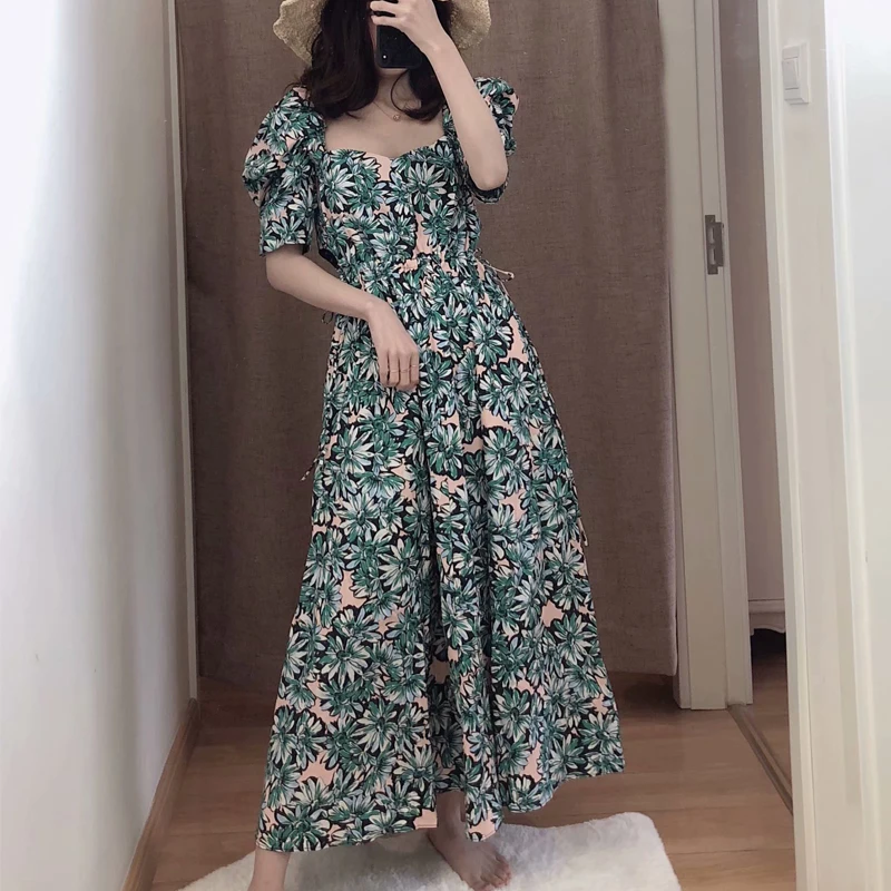 Женское повседневное летнее платье с цветочным принтом и квадратным воротником