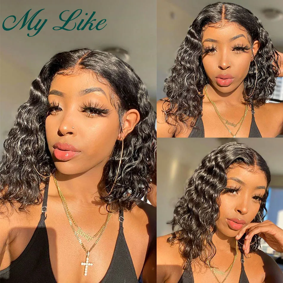

Water Wave Short Human Hair Wigs T Part Lace Wigs 13x1 Short Bob Wig Pre Plucked 150% Remy Human Hair Wigs for Women Middle Part