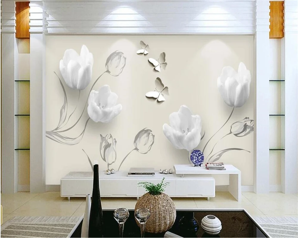 beibehang Customized new wallpaper fashion simple tulip butterfly 3D TV background papel de parede wall papers home decor | Обустройство