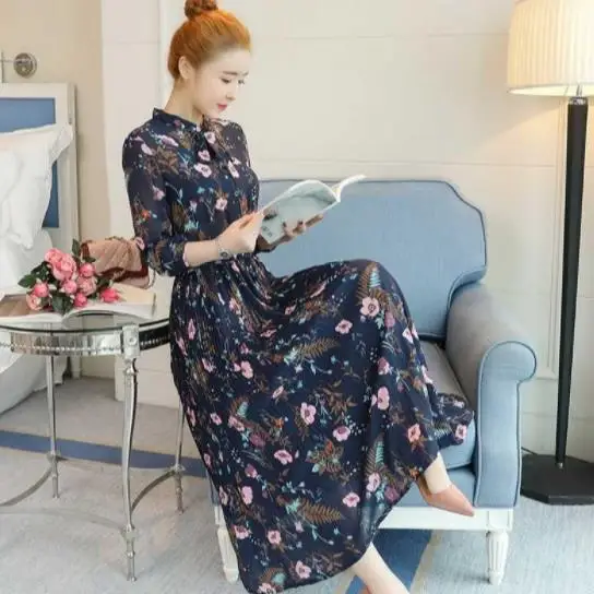 Плиссированное платье с цветочным принтом vestidos largos Осеннее женское со стоячим