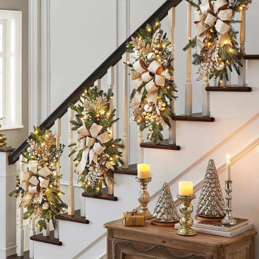 Guirnalda de Navidad para decoraci&oacute;n del hogar, decoraci&oacute;n de escalera con luz colgante, dise&ntilde;o de escena navide&ntilde;a, Flocado de nieve blanca-0