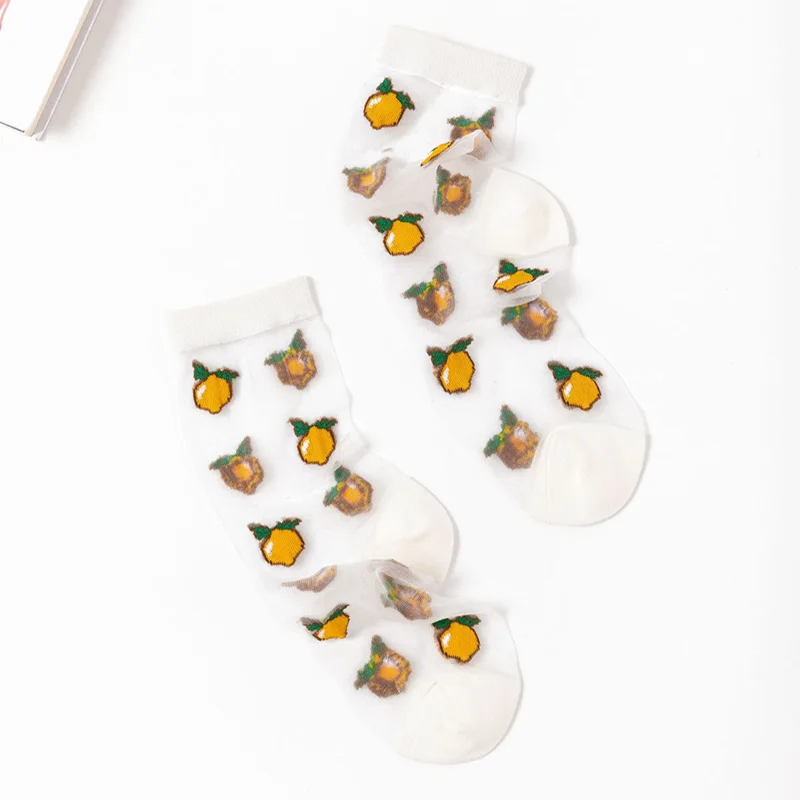 

5 Pair 2021 Transparent socks Spring Summer Cartoon Fruits Sock For Girl Embroidery Avocado Lemon Pineapple Cherry Jacquard Sock