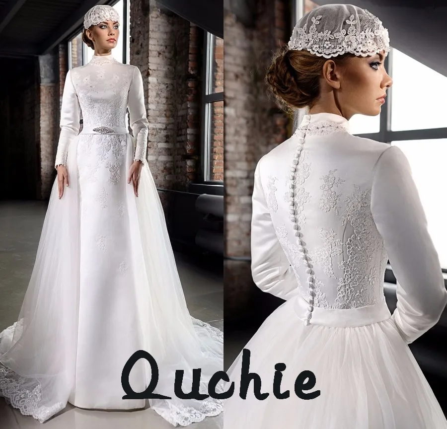 

Custom Muslim Wedding Dresses Appliques Long Sleeves Plus Detachable Vestidos De Novia Bridel Gown Abiti Da Sposa
