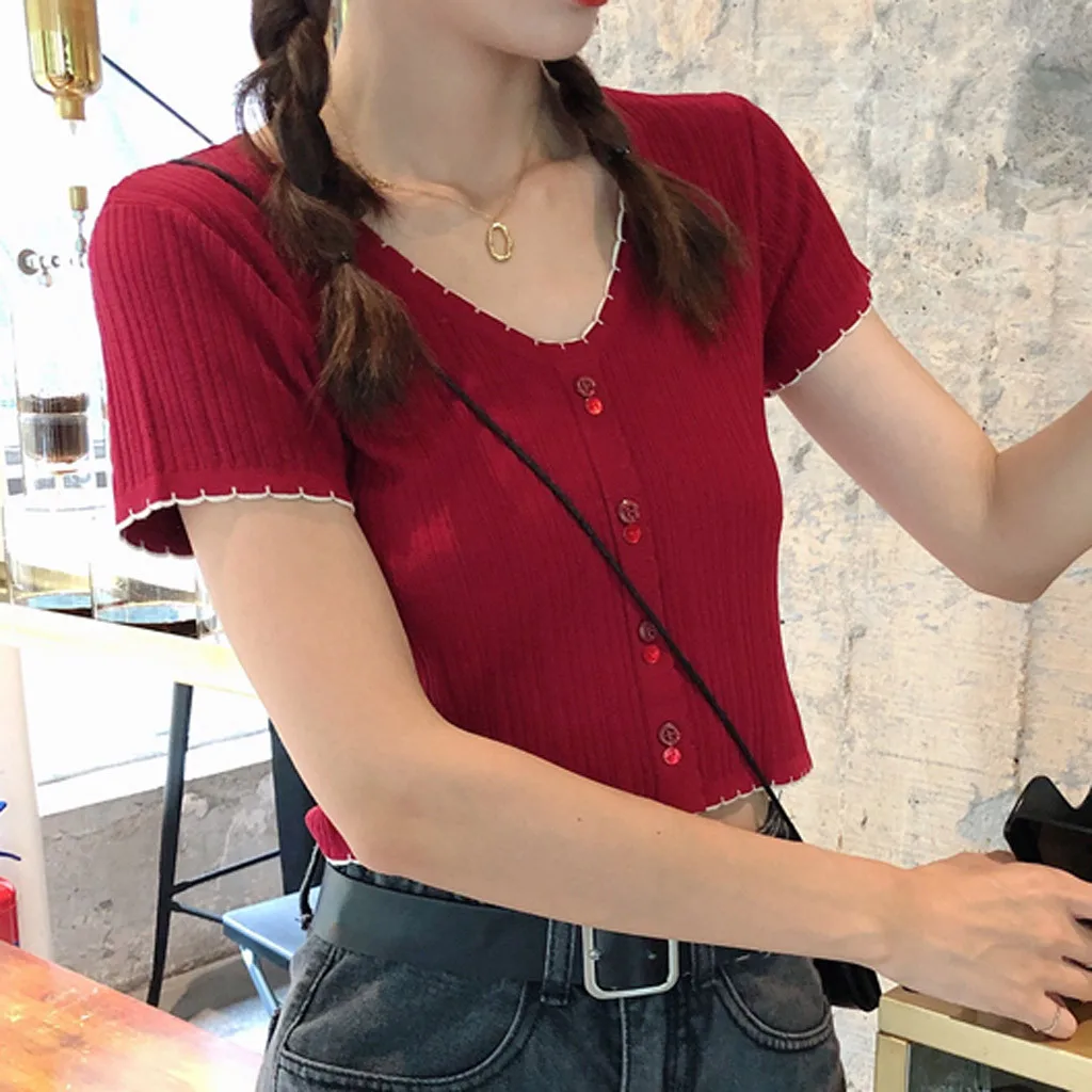 

Fashion Women Tops Knitted Button Short Sleeve V-neck Solid Color Slim Short Top Female Summer Clothes 2021