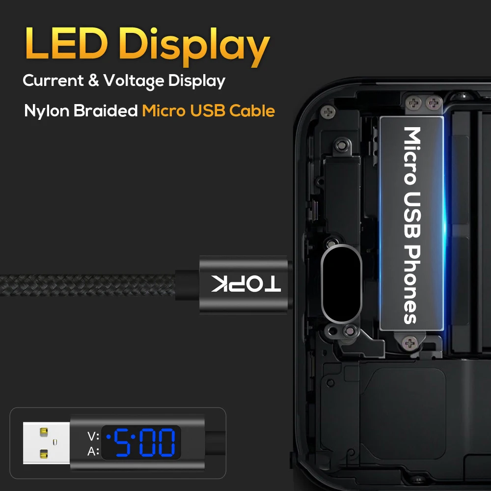 Кабель для зарядки TOPK AC27 USB Type A Micro нейлон черный/красный|nylon braided usb cable|cable forbraided cable