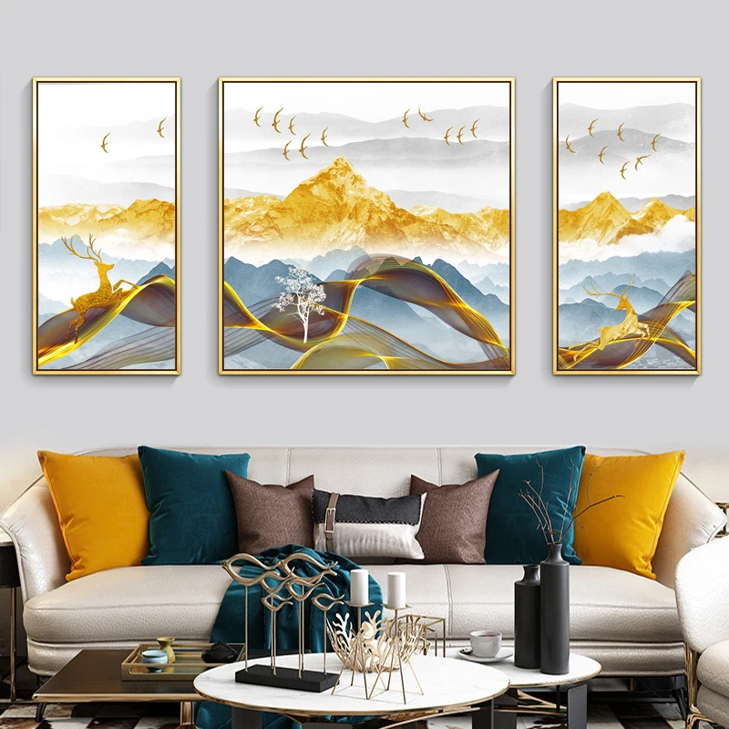 3 шт. абстрактные постеры и печать Золотая гора озеро пейзаж настенная живопись