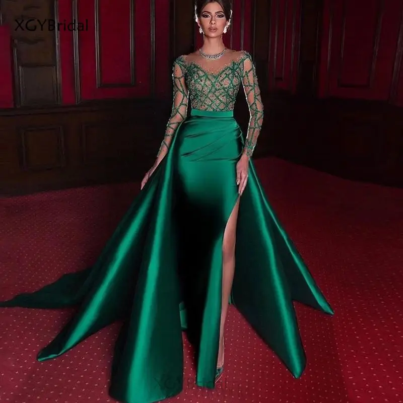 

New Arrival Elegant Mermaid Evening Dresses 2021 Sexy Slit Pearls Beads Formal Dress Full Long Sleeves Satin Party Prom Gowns