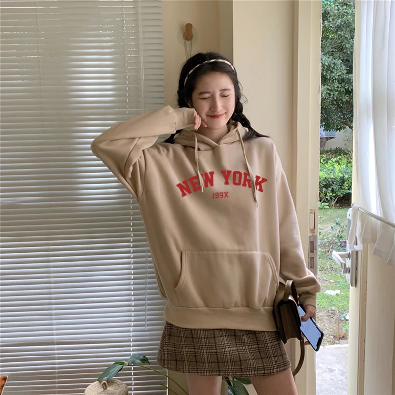 Женская толстовка с капюшоном из 2020 хлопка 8 цветов утепленная принтом Нью-Йорка