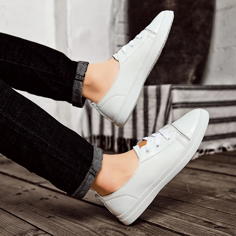 

Men's Shoes White Sneakers Classic Outdoor Casual genuine Leather Shoes Men Lace-up Comfortable Summer Shoes Male flats