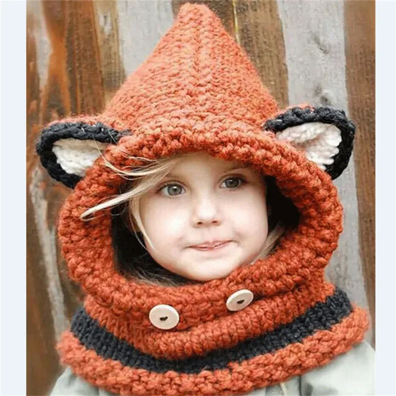 Winter Children Caps Cartoon Fox Knitted Hats For Girls Shawl Baby Photography Props Warm Neck Wrap Kitten Scarf Boys | Детская одежда
