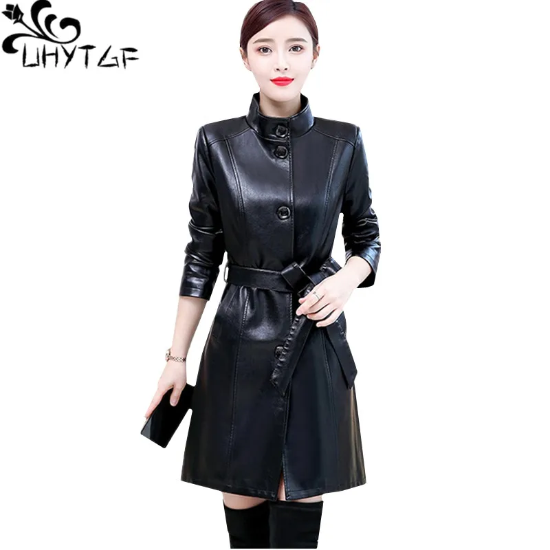 UHYTGF Quality autumn winter leather jacket Korean slim 5XL Big size top coat fashion belt casual leather windbreaker women 412