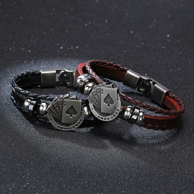 POKER BROWN LEATHER CUFF BRACELET MEN'S MULTILAYER WRAP WRISTBAND FRIENDSHIP VINTAGE BIKER PLAYING CARD BANGLE MEN JEWELRY | Украшения