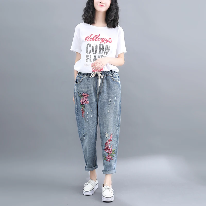 

New Jeans Denim Pants Embroidery Vintage Elastic High-Waist Straight Women Spring Casual for Blue DM001