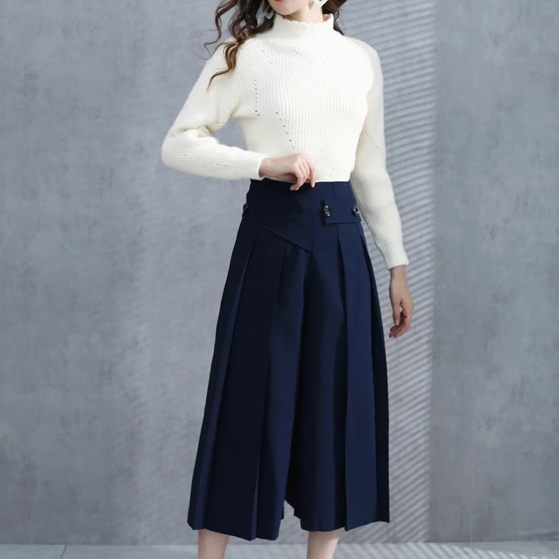 

2020 Fall New Style Long-Sleeved Hollowed Elegant Loose Sweater Temperament Pleated Wide-Leg Pants Women'S Two-Piece Suit
