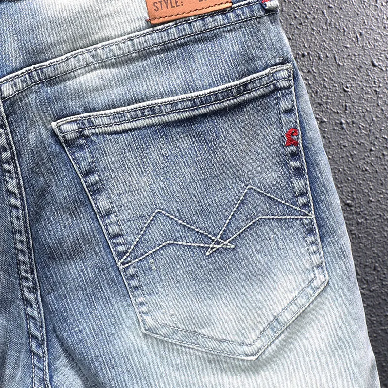 Italian Style Fashion Men Jeans Retro Light Blue Elastic Slim Fit Ripped Jeans Men Vintage Designer Casual Denim Pencil Pants