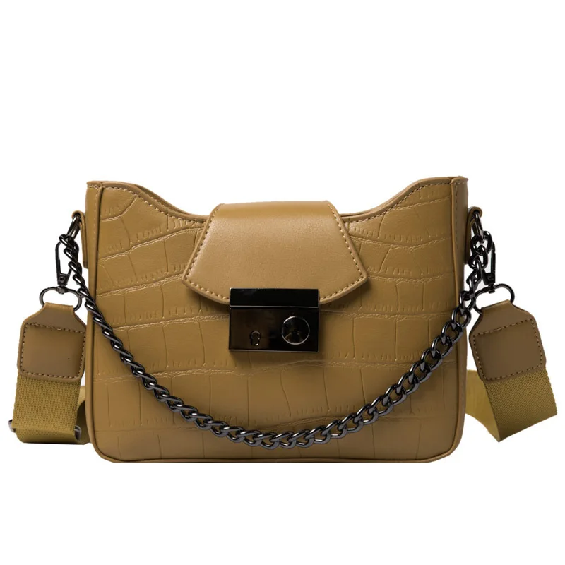 

2021 New Arrivals Women Shoulder Bag For Female PU Leather Black Solid Color Design Stone Pattern Modern Stylish Girl Chain Bag