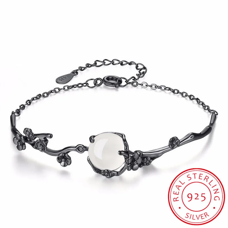 Женский браслет с цветами сливы Moonstone из стерлингового серебра 925 пробы