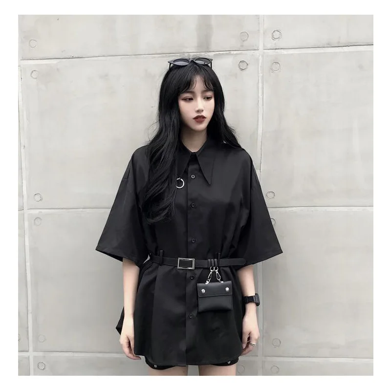 Винтажные женские топы в стиле Харадзюку с ремнем сумки черные повседневные