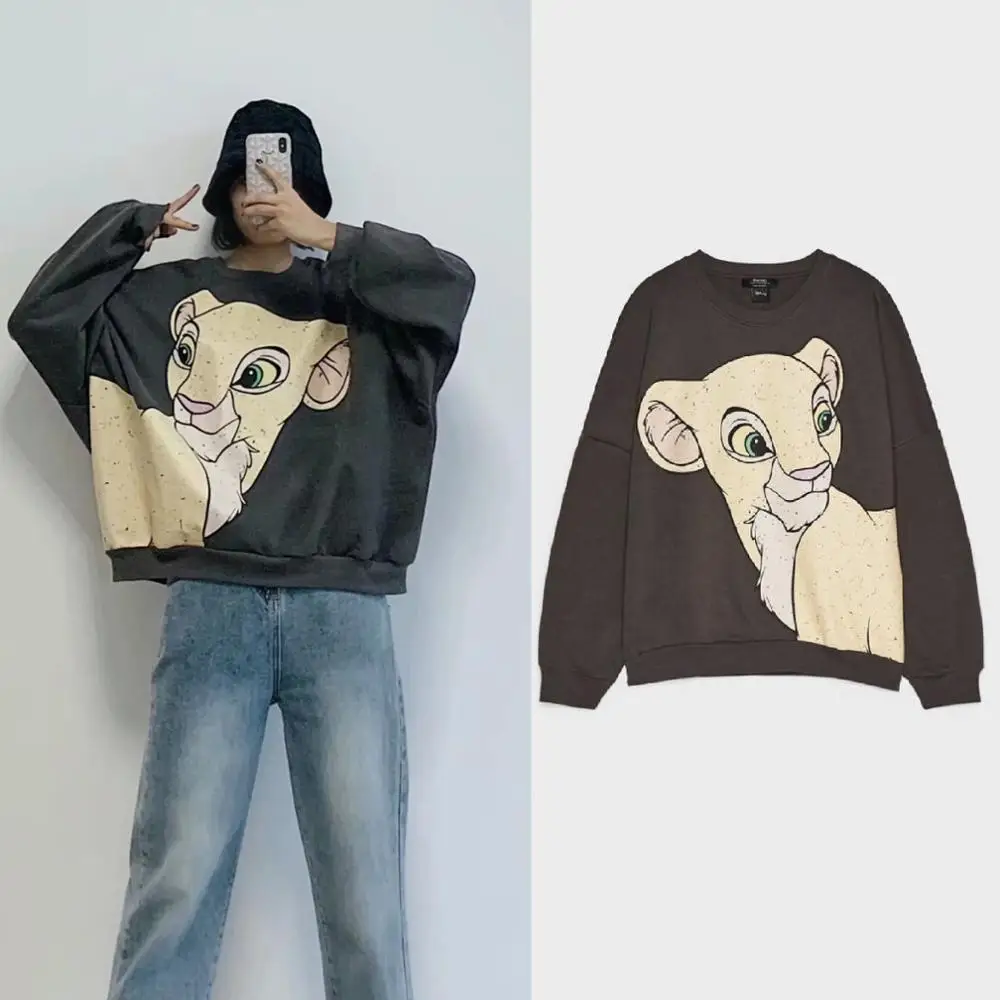 Женская толстовка с принтом льва осенне зимний джемпер меховой подкладкой