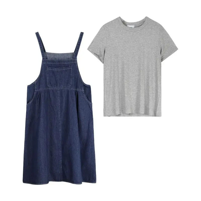 

Summer Women Skirt Suit Grey T-shirt + Denim Skirt with Straps Two Piece Set 2020 Leisure Wear Women Suits Show Thin Dress Top