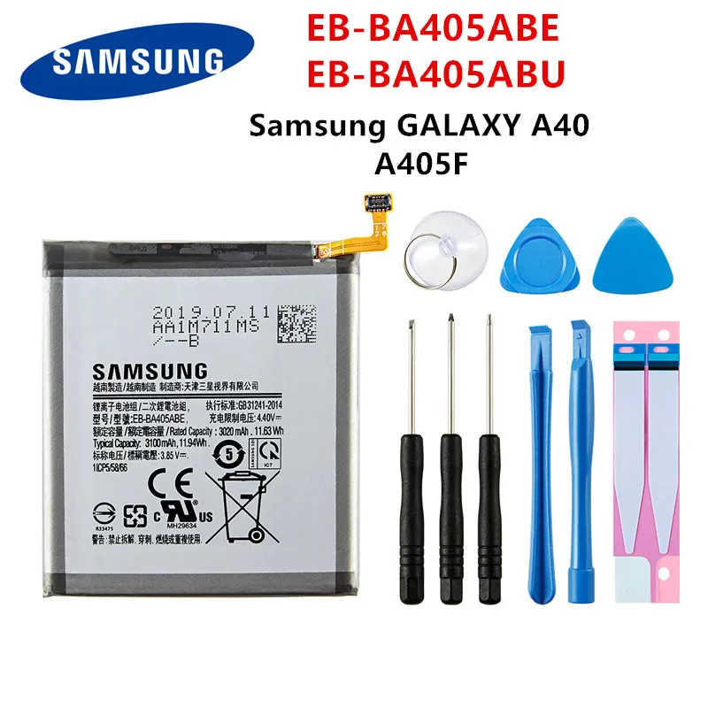 

SAMSUNG Orginal EB-BA405ABE EB-BA405ABU 3100mAh Battery For SAMSUNG Galaxy A40 2019 SM-A405FM/DS A405FN/DS GH82-19582A+Tools