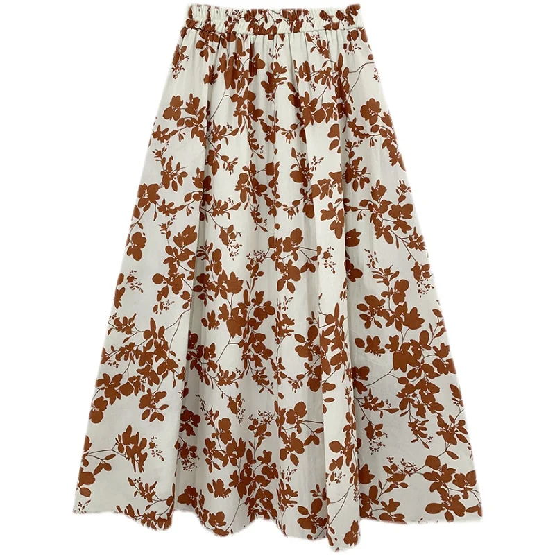 

Vintage Medium Long High Waist Skirt Womens Spring Summer Print Skirts Elastic Waist Medium Long A-line Holiday Casual