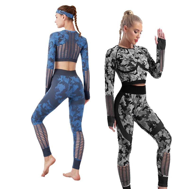 

Women Sport Clothing Set Camouflage Yoga Wear Suit Gym Workout Clothes Hollow Sports Fitness Long Sleeves -40