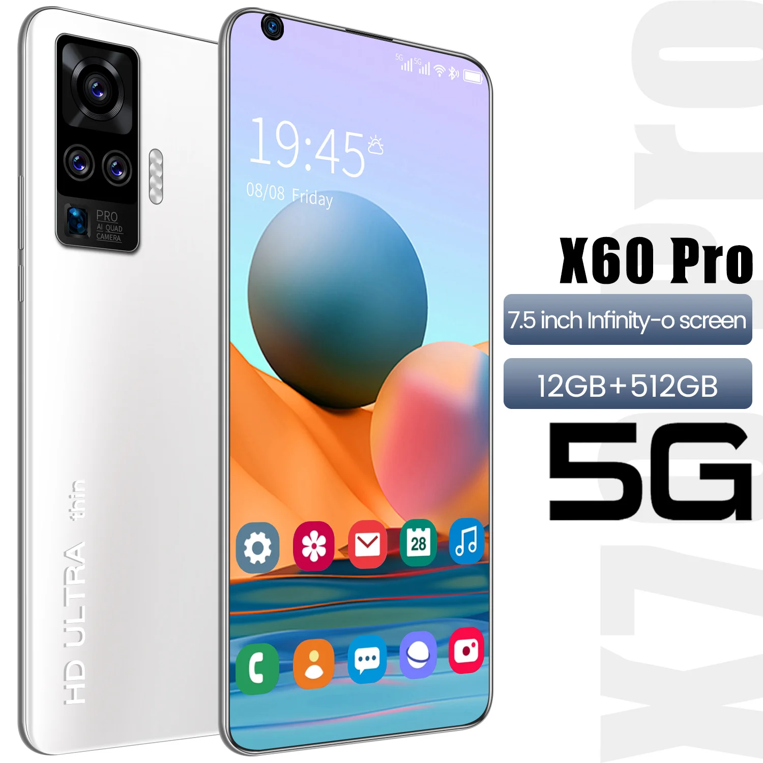 

New X60 Pro 7.5 Inch 5600mAh Deca Core 12+512GB Mobile Phone Fingerprint Face ID Dual SIM+Micro SD Andriod 10.0 Smart Phone