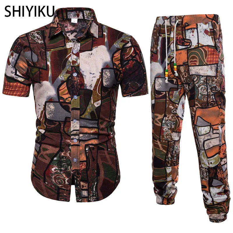 

SHIYIKU Fashion Casual Short-Sleeved Shirt Trouser Brand Men's Hipster Streetwear Retro Print Men's Spring Summer TwoPiece Suit